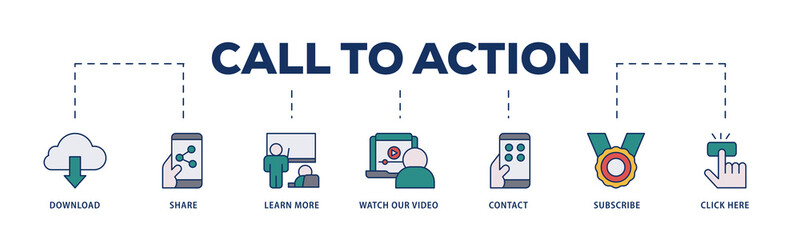 Call to action icons process structure web banner illustration of  click here, watch our video, subscribe, contact, learn more, share, download icon png transparent background.