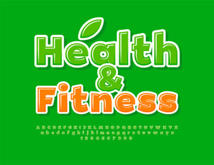 Vector creative poster Health and Fitness. Green Glossy Font. Bright Alphabet Letters and Numbers