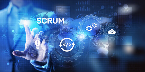 SCRUM, Agile development methodology, programming and application design technology concept on virtual screen.