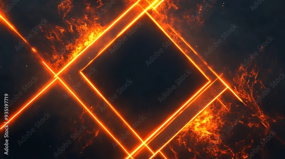 Poster abstract fiery orange neon lines forming a square on a dark background.