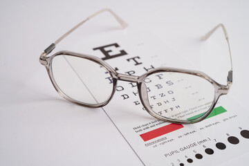 Glasses on eye exam chart to test eyesight accuracy of reading.