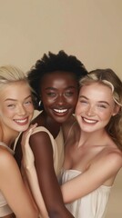 Obraz premium Three models with different backgrounds showcase their vibrant smiles while embracing each other, radiating happiness in a tailored wellness-themed setting