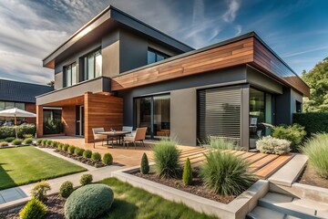 Modern house with wooden siding and a patio.