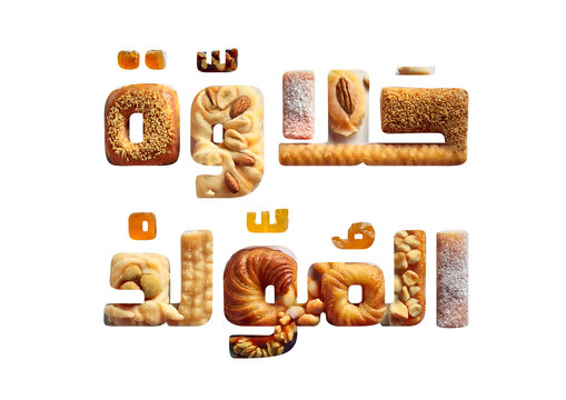 Translation Mawled Desserts in Arabic language the phrase filled with texture of Arabian desserts celebration prophet Mohamed birthday Islamic event isolated on white background 
