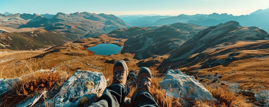 Mountain view from the top, two shoes in foreground