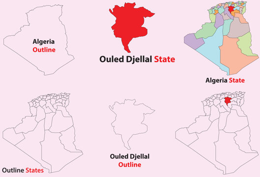 Ouled Djellal map vector of Algeria, Ouled Djellal line map, Ouled Djellal with city map, Ouled Djellal outline map