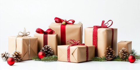 a collection of neatly wrapped Christmas gifts with festive ribbons and decorations on white background. Generative AI.