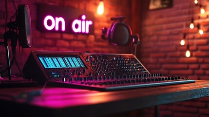 Microphone and Broadcast Equipment with 'On Air' Lamp, Capturing the Dynamic Atmosphere of a Podcast Recording Studio and Audio Production Setup