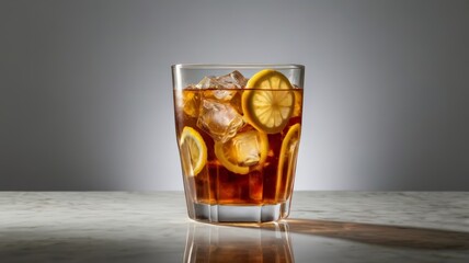 Glass of iced tea with lemon isolated on a white background, generative ai. A glass of tea. Summer Scene, Iced Tea with Lemon and mint on a garden table in bright sunshine.. Iced Tea
