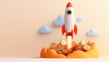 A vibrant rocket launching from a pile of coins, symbolizing investment and financial growth in a playful, modern design.