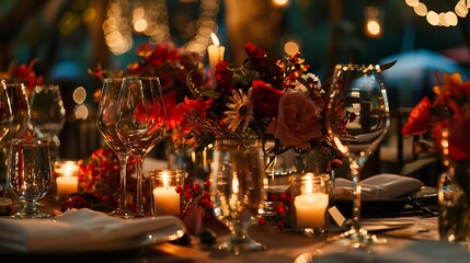 Glass jars flames and bouquets adorn an informal table