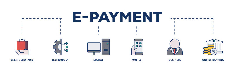 E Payment icons process structure web banner illustration of online shopping, technology, digital, mobile, business and online banking icon png transparent background.