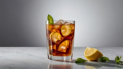 Glass of iced tea with lemon isolated on a white background, generative ai. A glass of tea. Summer Scene, Iced Tea with Lemon and mint on a garden table in bright sunshine.. Iced Tea