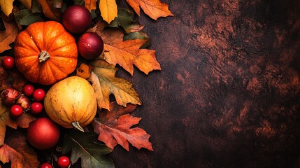 Autumn's Harvest Bounty: A rustic flat lay featuring pumpkins, gourds, and colorful fall leaves on a dark, textured background