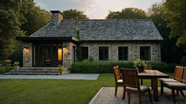 Video footage of  single story residential house with a stone facade, featuring a gabled roof with shingles