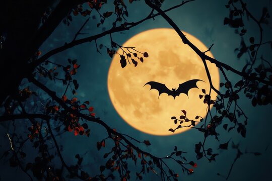 Halloween night adorned with bat and moon scene. Endless looping time-lapse background