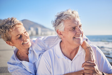 Hug, happy and mature couple at beach, holiday and bonding in vacation for fresh air, smile or...