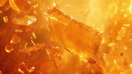 Falling shattered glass prism, light yellow setting, irregular shards and vibrant reflections, dynamic and sleek.