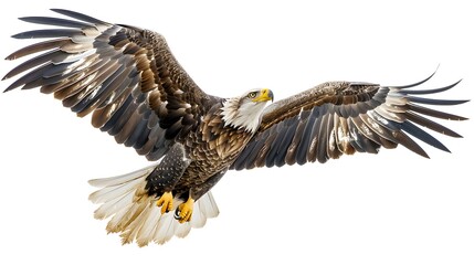 Obraz premium Majestic Eagle in Mid Flight Isolated on White Background with Detailed Feathers and Powerful Presence