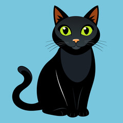 Obraz premium Black cartoon cat with green eyes sitting and gazing ahead against a blue backdrop