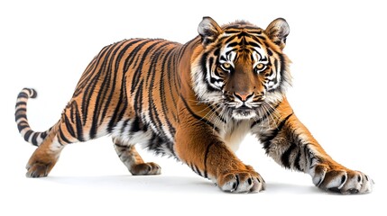 Obraz premium Majestic Tiger in Powerful Pose Isolated on White Background