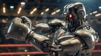 Fototapeta premium Robot Boxer Throwing Punch: A metallic robot in the ring, delivering a powerful punch towards its opponent. 
