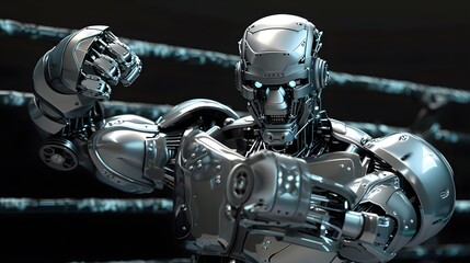 Fototapeta premium Robot Boxer Throwing Punch: A metallic robot in the ring, delivering a powerful punch towards its opponent. 