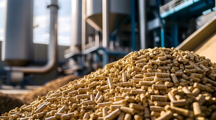A close up view of a large pile of wood pellets a renewable biomass fuel ready for use in a bioenergy production facility