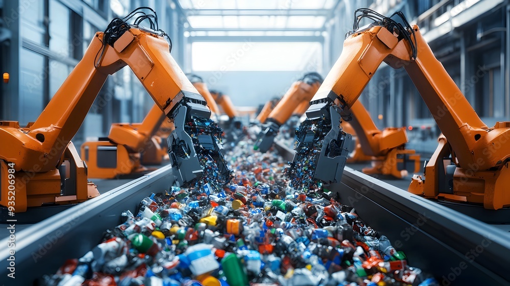 Poster automated recycling sorting system a high tech facility with robotic arms and sensors efficiently so
