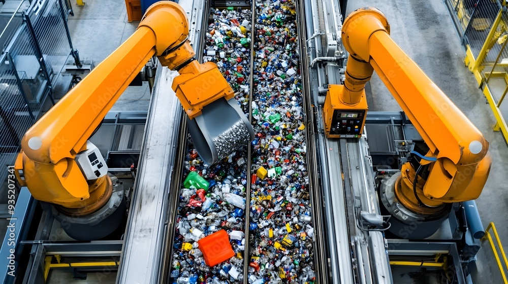 Poster automated recycling sorting system with robotic arms and sensors in action a highly efficient indust