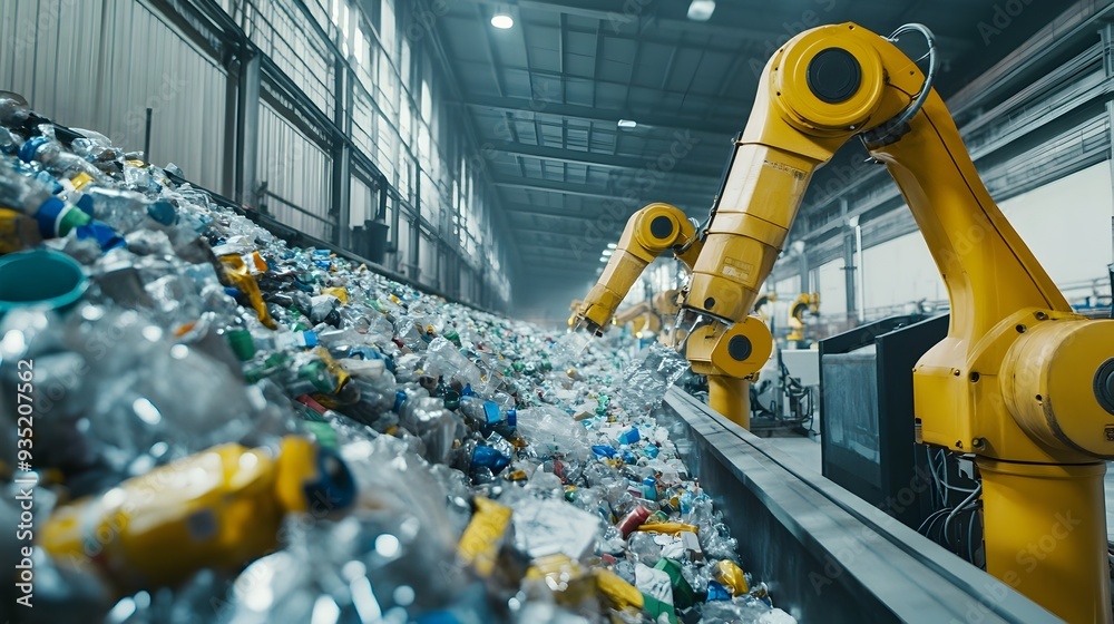 Poster automated recycling sorting system with robotic arms and sensors efficiently separating different ty