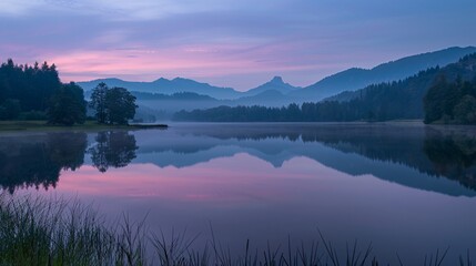 Obraz premium 4. Lake Geroldsee at sunrise, with the water reflecting the pastel colors of the early morning sky. The tranquil scene of Wagenbruechsee in Kruen, near Garmisch-Partenkirchen, Upper Bavaria, Germany,