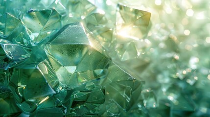 Obraz premium Fragmented prism glass design, pale green backdrop, irregular pieces and refracted light, modern and vibrant.