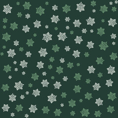 Seamless pattern of green floral designs on a dark green background.