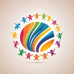 Obraz premium Colorful logo featuring diverse children playing joyfully in a circular design, symbolizing community and playful spirit