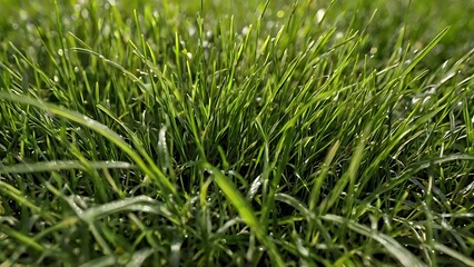 Fototapeta premium Green fresh close-up view of wet grass with drops of water on it, freshness and sunlight reflection, heat and humidity fresh vibe