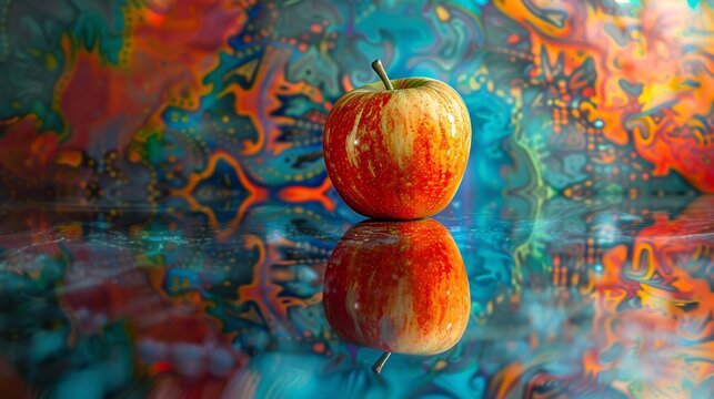 5. A surrealistic and abstract picture of an apple placed before a mirror, with the mirror reflecting a distorted, almost alien version of the apple. The background features an array of surreal,