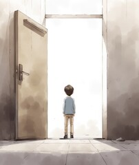 Fototapeta premium Contemplative Child Standing in Front of Open Door Illustration - Emotional and Thought-Provoking Art