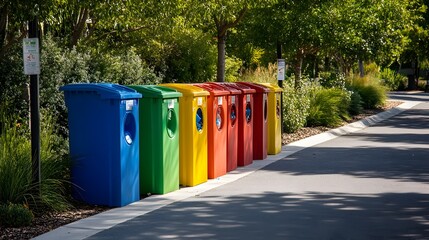 A row of color coded recycling bins placed in a community setting with clear signage indicating the different materials each bin is designated for