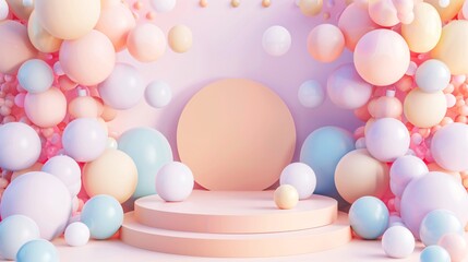 Fototapeta premium 4. 3D illustration rendering of a minimal podium stage, surrounded by multicolor pastel balloons in geometric formations. The abstract background enhances the visual appeal, making it an ideal
