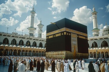 Muslims worship around the Kaaba in Mecca created with Generative AI