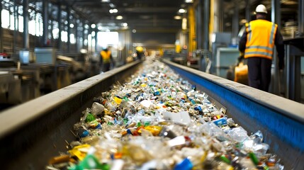 Conveyor Belt in a Recycling Plant Sorting Through Plastics Metals and Paper Waste for Sustainable Processing and Reuse