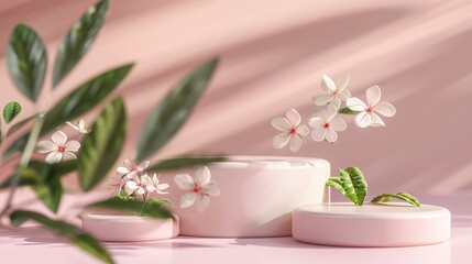 1. A 3D-rendered podium stand on a pastel light pink background, adorned with delicate flowers and green leaves. This elegant showcase provides a perfect setting for premium product presentations,