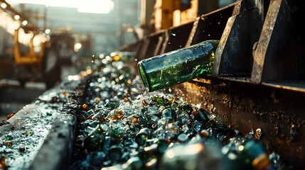 Photograph capturing the recycling process of crushed glass bottles showcasing the collection and processing of shards for eco friendly material reuse and sustainable resource management