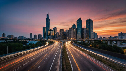 Empty highway leading to a city skyline with modern skyscrapers during sunset on a clear evening.