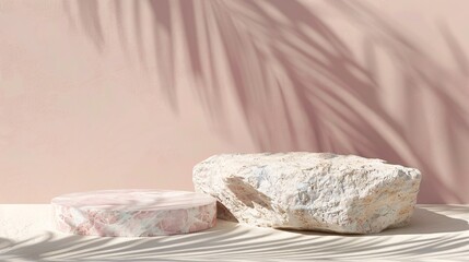 1. Stone podium for cosmetic product presentation, abstract minimal backdrop with two rock forms and palm leaf shadow cast by sunlight, trendy summer pink color, 3D front view, ideal for showcasing