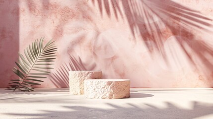 3. Trendy summer pink stone podium for cosmetic product presentation, with abstract minimal backdrop, two rock forms, palm leaf shadow, and sunlight, captured in 3D front view, ideal for a showcase