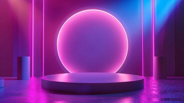 1. Abstract surreal scene featuring an empty stage with a cylinder podium and circle shape, set against a holographic neon purple background, ideal for displaying cosmetic and beauty product