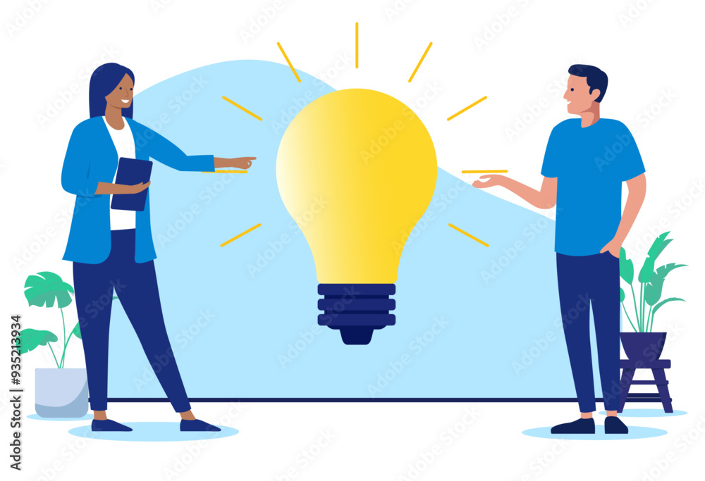 Poster work idea - two people at work coming up with big great idea looking at light bulb smiling together.