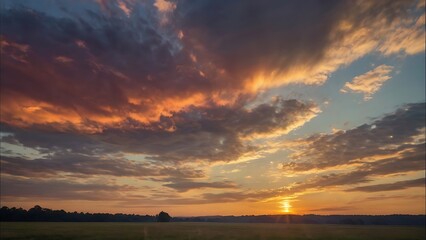 Obraz premium Dramatic evening cloudy sky landscape view, slight sunlight in horizon with dark orange clouds